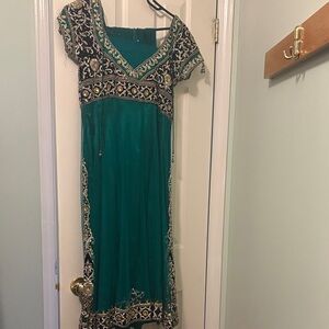 Ethnic Indian Wear Teal and Black Embroidered Maxi Dress